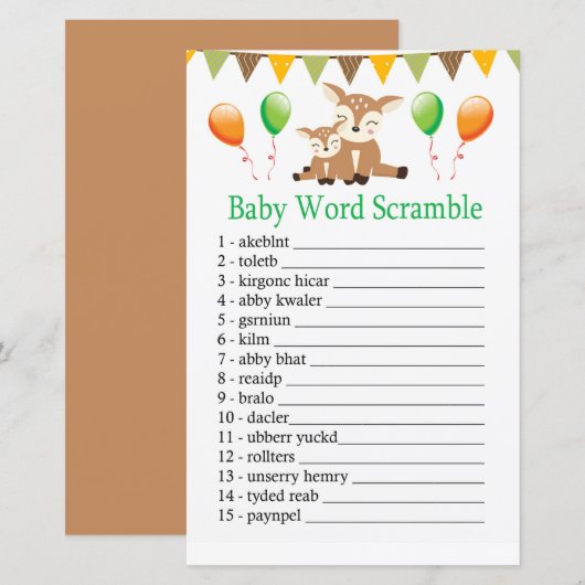 Papier Jeu de mots mêlés pour bébé faon mignon (Devant / Derrière)