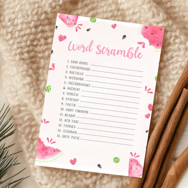 Papier Jeu de mots mêlés pour bébé fille avec pastèque so (Sweet Little Baby Word Scramble Game)