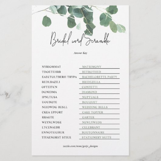 Papier Jeu de mots mêlés pour mariage sur le thème Eucaly (Devant)