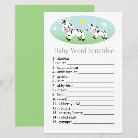 Papier jeu de mots mêlés Zebra Baby (Devant / Derrière)