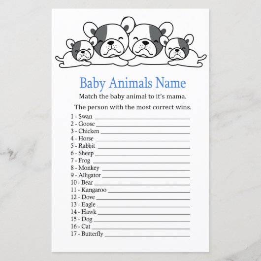 Papier Jeu de nom d'animaux bébé Bouledogue (Devant)