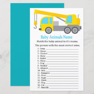 Papier Jeu de nom d'animaux bébé camion grue