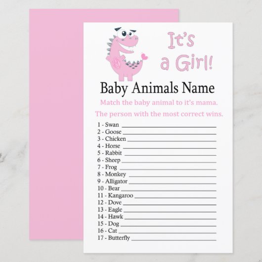 Papier Jeu de nom d'animaux bébé dinosaure rose (Devant / Derrière)