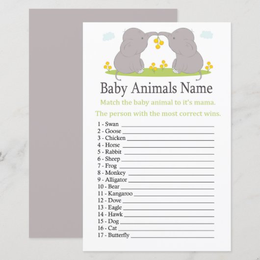 Papier Jeu de nom d'animaux bébé éléphant (Devant / Derrière)