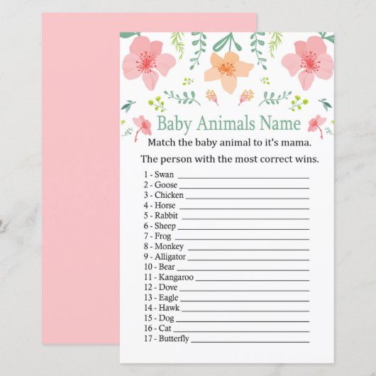 Papier Jeu de nom d'animaux bébé fleurs pastel (Devant / Derrière)