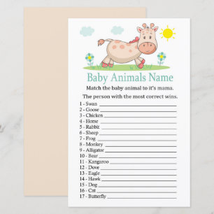 Papier Jeu de nom d'animaux bébé girafe
