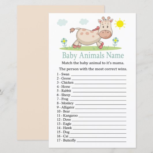 Papier Jeu de nom d'animaux bébé girafe (Devant / Derrière)
