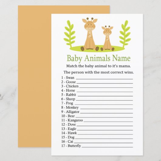 Papier Jeu de nom d'animaux bébé girafe (Devant / Derrière)