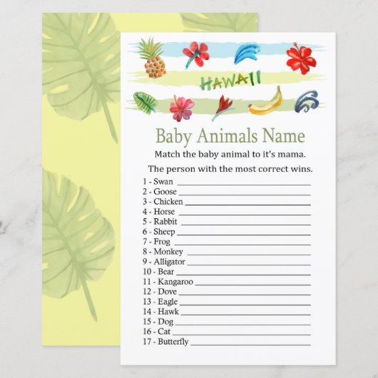 Papier Jeu de nom d'animaux bébé Hawaï (Devant / Derrière)