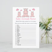 Papier Jeu de nom d'animaux bébé hippopotame rose (Debout devant)