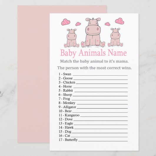Papier Jeu de nom d'animaux bébé hippopotame rose (Devant / Derrière)