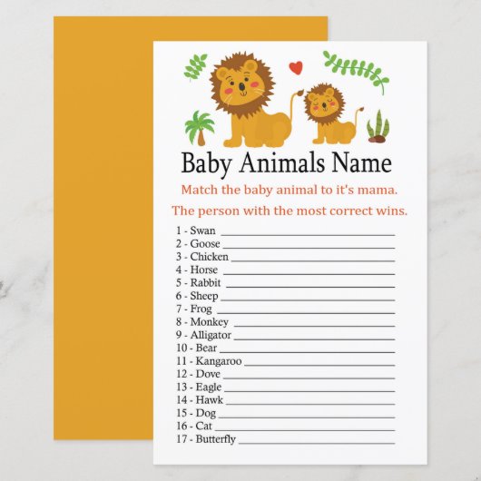 Papier Jeu de nom d'animaux bébé Lion (Devant / Derrière)