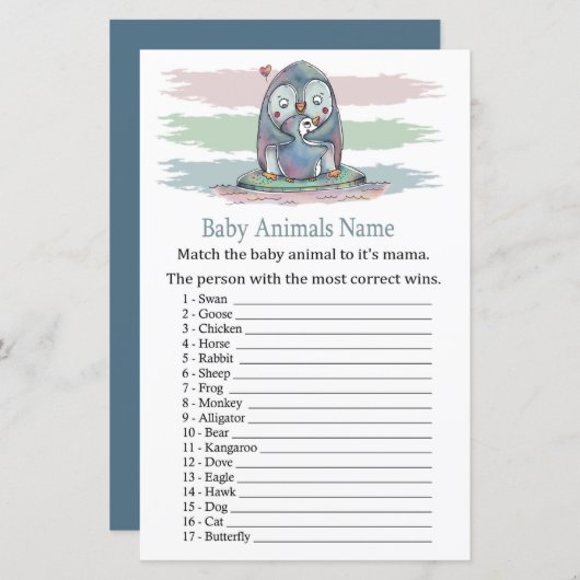 Papier Jeu de nom d'animaux bébé manchots (Devant / Derrière)