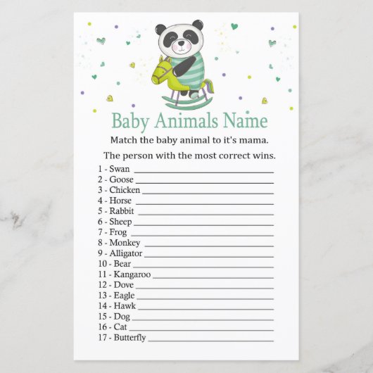 Papier Jeu de nom d'animaux bébé Panda (Devant)