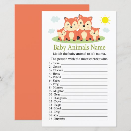 Papier Jeu de nom d'animaux bébé renard (Devant / Derrière)