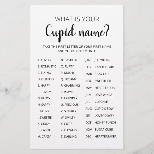 Papier Jeu de nom de Cupidon pour la fête de la Saint-Val (Devant)