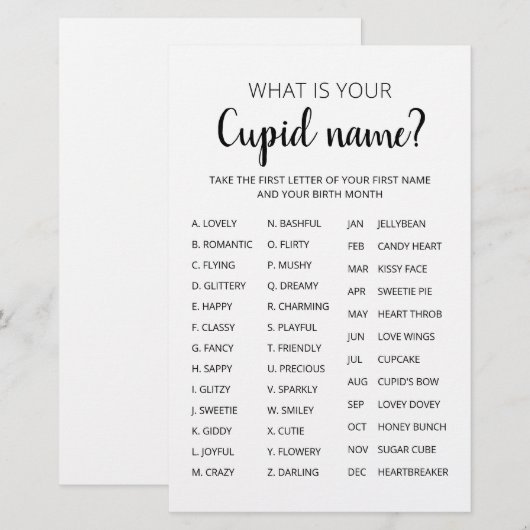 Papier Jeu de nom de Cupidon pour la fête de la Saint-Val (Devant / Derrière)