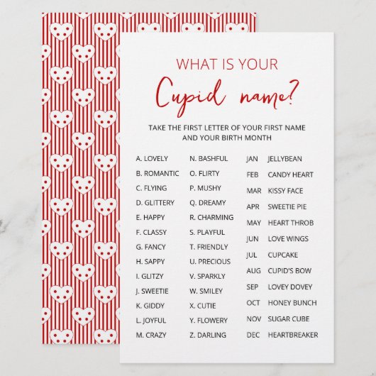 Papier Jeu de nom de Cupidon pour la fête de la Saint-Val (Devant / Derrière)