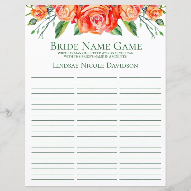 Papier Jeu de nom de mariée Coral Roses (Devant)