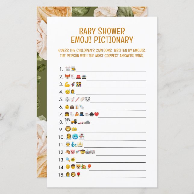 Papier Jeu de Pictionary Baby Shower Emoji (Devant / Derrière)