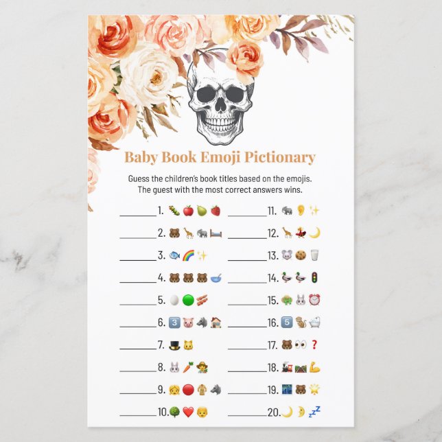 Papier Jeu de Pictionary d'émoji de crâne floral Hallowee (Devant)