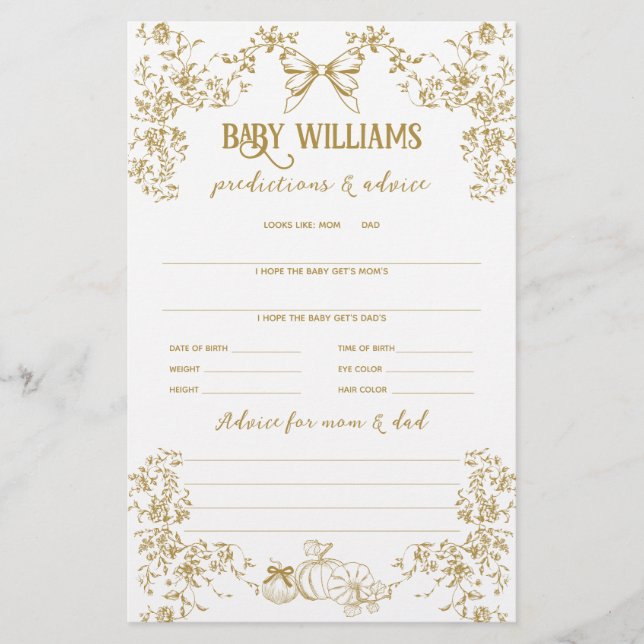 Papier Jeu de prédiction citrouille Bow Floral Baby showe (Devant)