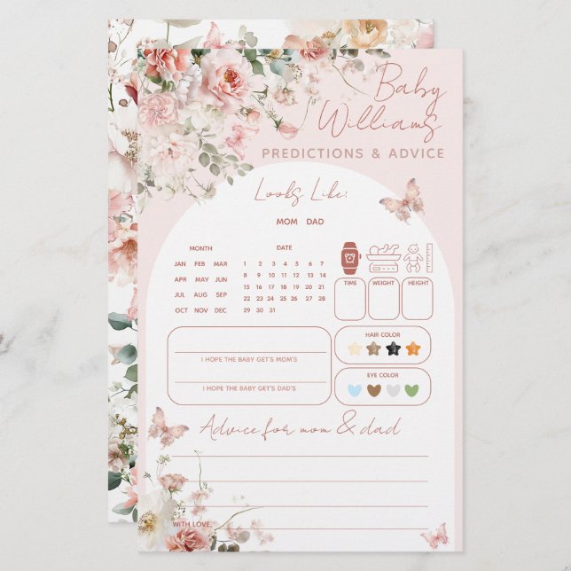 Papier Jeu de prédiction pour bébé fleur rose papillon (Devant / Derrière)