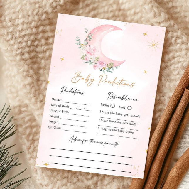 Papier Jeu de Prédictions Bébé Lune Rose et Étoiles (Girl Moon Baby Shower Baby Predictions Game)