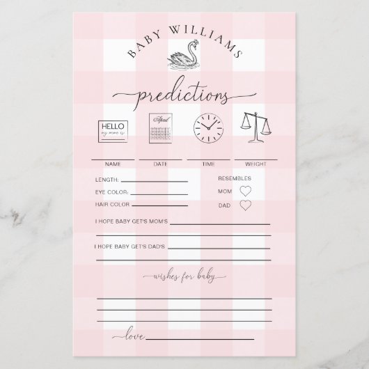 Papier Jeu de prédictions de bébé rose En vichy cygne (Devant)