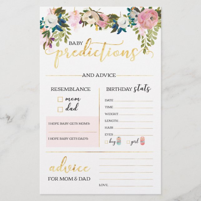Papier Jeu de prédictions du Baby shower floral (Devant)