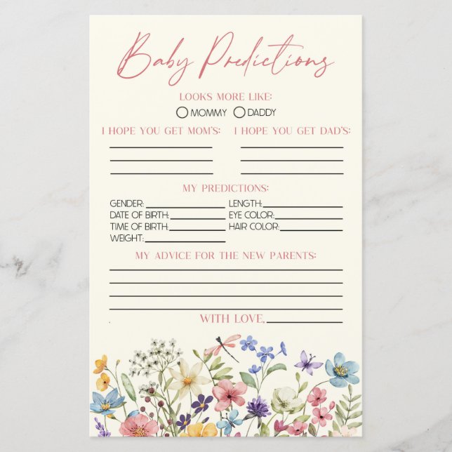 Papier Jeu de prédictions pour Baby Shower sur le thème d (Devant)