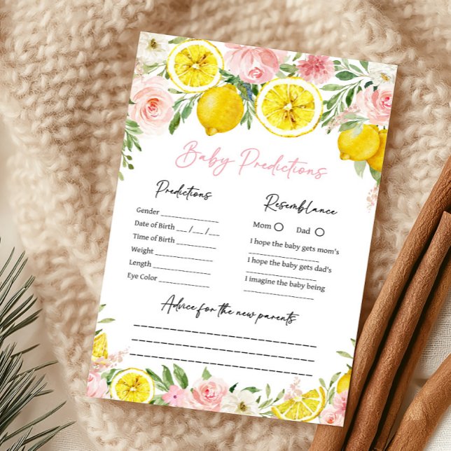 Papier Jeu de prédictions pour bébé fille au citron flora (Summer Lemon Citrus Baby Shower Baby Predictions Game)