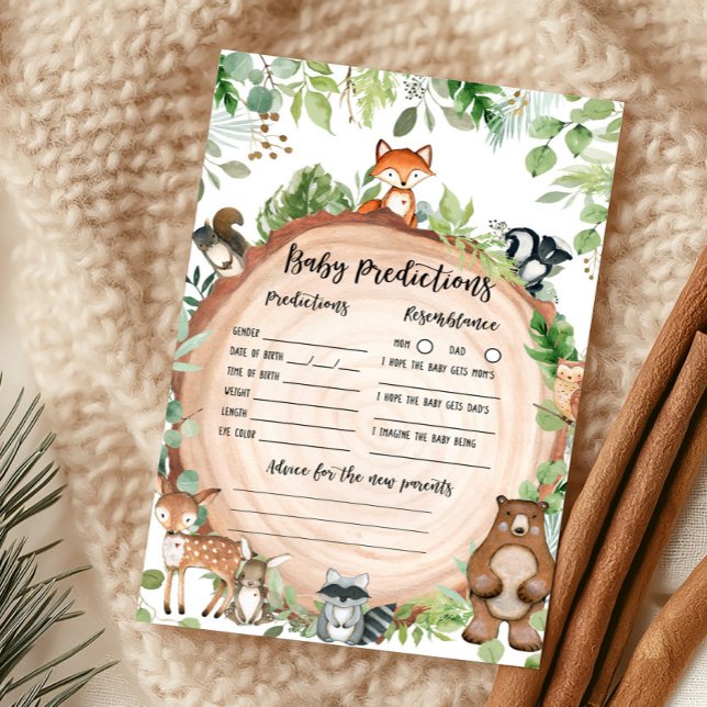 Papier Jeu de prédictions pour bébé Shower Animaux de la  (Wood Slice Woodland Baby Shower Baby predictions Game)