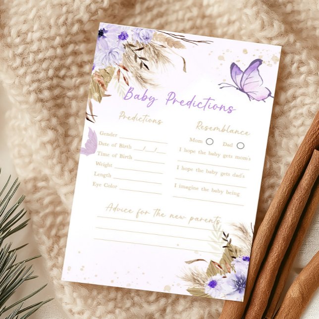 Papier Jeu de prédictions pour bébé Shower papillon flora (Purple Butterfly Baby Shower Baby predictions Game)