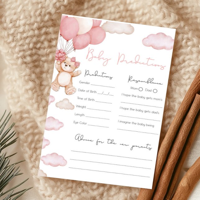 Papier Jeu de prédictions pour bébé sous la douche Pink B (Girl Bear Balloon Baby Shower Baby Predictions Game)