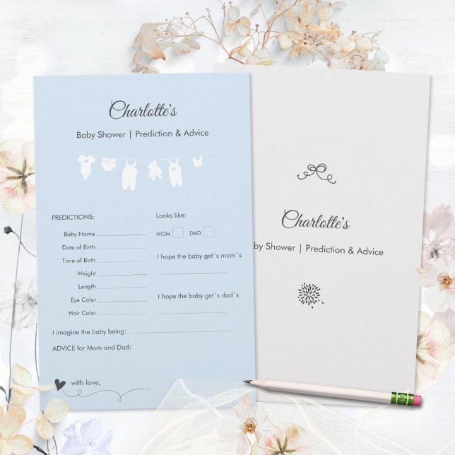 Papier Jeu de prédictions pour une baby shower minimalist (Light Blue Minimalist Baby Boy Shower Predictions Game ©Susanne Sachers - Sunny Mind 🌞)