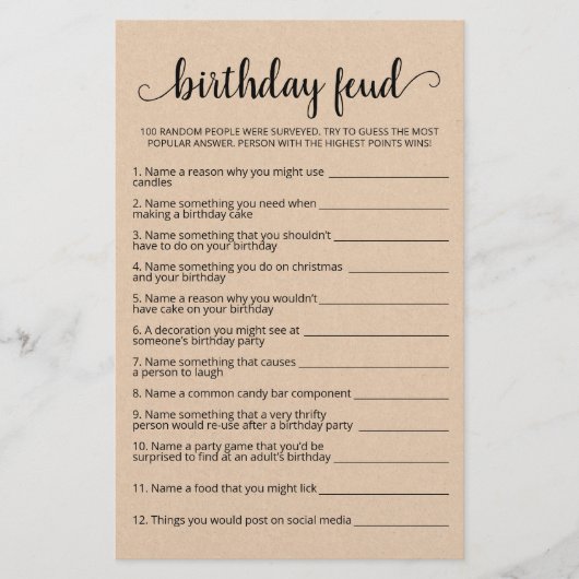 Papier Jeu de querelle d'anniversaire avec réponses (Devant)