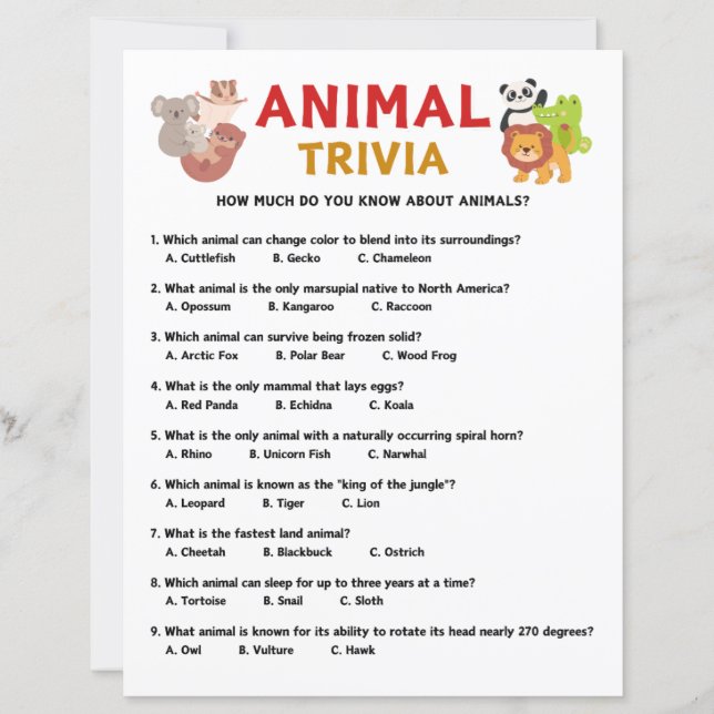 Papier Jeu de questions sur les animaux (Devant)