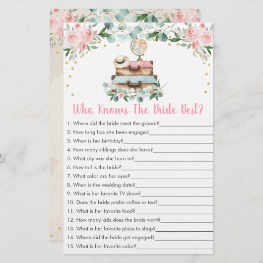 Papier Jeu de qui connaît le mieux la mariée pour un voya (Devant / Derrière)