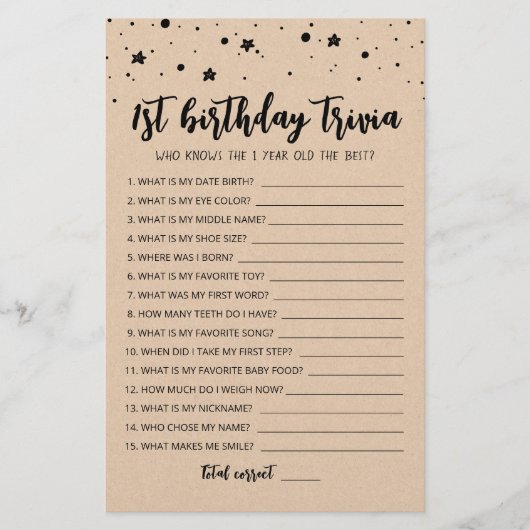 Papier Jeu de quiz anniversaire 1ère modifiable Jeu de fê (Devant)