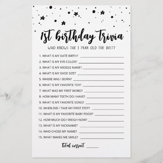Papier Jeu de quiz anniversaire 1ère modifiable Jeu de fê (Devant)