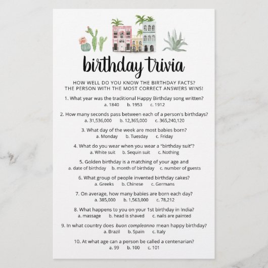 Papier Jeu de quiz d'anniversaire avec réponses Fête d'an (Devant)