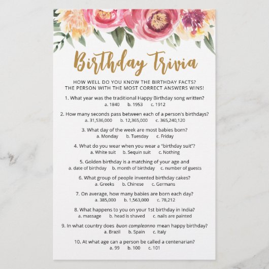 Papier Jeu de quiz d'anniversaire avec réponses Fête d'an (Devant)