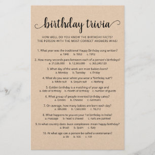 Papier Jeu de quiz d'anniversaire avec réponses Fête d'an