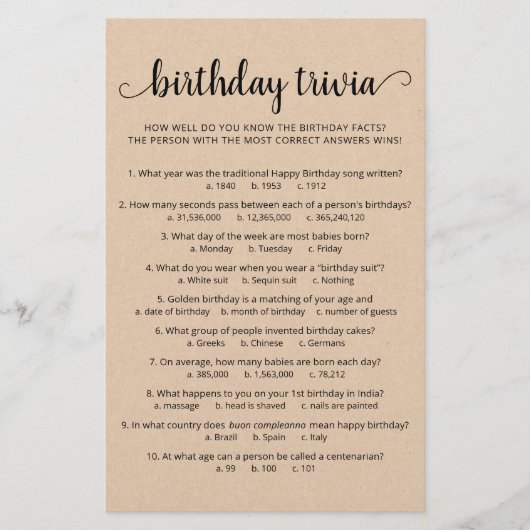 Papier Jeu de quiz d'anniversaire avec réponses Fête d'an (Devant)