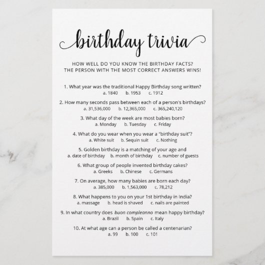Papier Jeu de quiz d'anniversaire avec réponses Fête d'an (Devant)