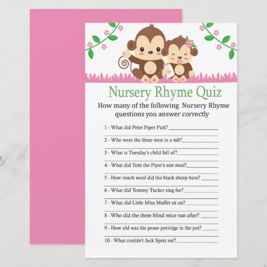 Papier Jeu de quiz de comptine de nurserie de singe bébé (Devant / Derrière)