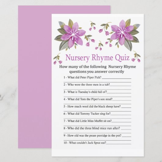 Papier Jeu de quiz de comptine pour bébé Fleurs violettes (Devant / Derrière)