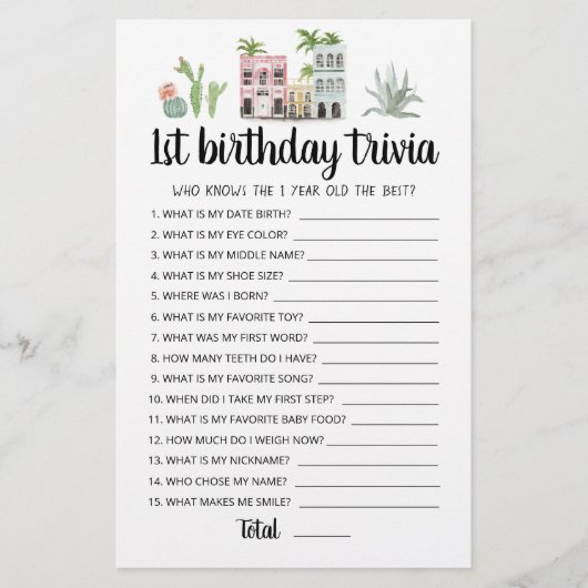Papier Jeu de quiz modifiable pour 1er anniversaire (Devant)