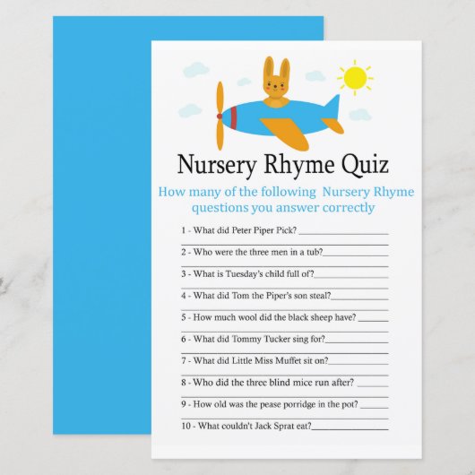 Papier Jeu de quiz sur les comptines pour bébé avec un av (Devant / Derrière)